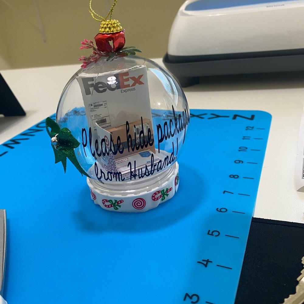 “Please hide packages from husband!” Ornament